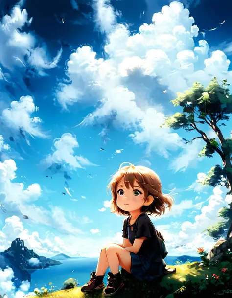 A anime, little girl sitting on the hill looking at sky, with her hair blowing in clear day, with cat, (blue sky:1.25), sideway glance, young girl, cloud, endless sea, noon, summer, floating hair, cumulus clouds, forest, tree, face focus, cute
<lora:xl_more_art-full_v1:1.4>, detailed photo, wide angle shot, realistic, 8k uhd, high quality
