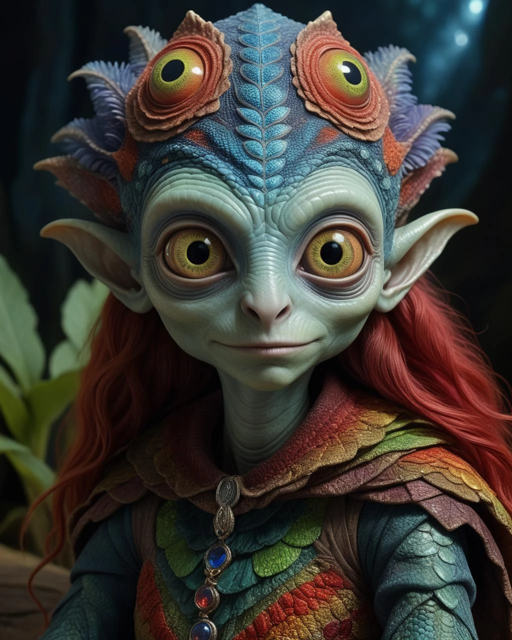 full body shot of full body shot of psychedelic style of A beautiful tander alien female creature with face fully covered lizard scale with fluffy eyes embedded into a canvas,The iris looks weird, attractive, (the eyelid is covered with sparkling lizard scales), The stars in space is reflected in the pupil, goose down eyelashes, long wavy red luminescent hair, sadistic smile:1.1, she is dressed in baggy clothes, sitting on a bench outside the house of dwarves in the setting of the Lord of the Rings, <lora:add-detail-xl:2> ,<lora:sdxl_lora_rustako:0.3>. Whole outfit, clear, sharp, balanced
