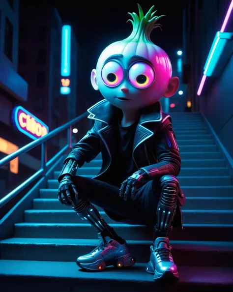 cyberpunk style, music-related shot of night shot of 3d character, pixar rendering, cyberpunk style, Cipollino is a character from the book âThe Adventures of Cipollinoâ by Gianni Rodari. ((Cipollino looks like a cute funny boy with an onion head)), attractyve, In the world of cyberpunk, on the sidewalk stairs at night singing karaok, (mechanical limbs:1.3, cyborg:1.2, LED implants on his arms), big glowing shoes with charisma. 50mm lens, f/2.8, focused on eyes, natural lighting in a cyberpunk outfit. Futuristic, dystopian, metallic, neon. Dark, lit, moody, mysterious. Playing an instrument, singing, energetic, passionate, neon, dystopian, futuristic, digital, vibrant, detailed, high contrast, reminiscent of cyberpunk genre
