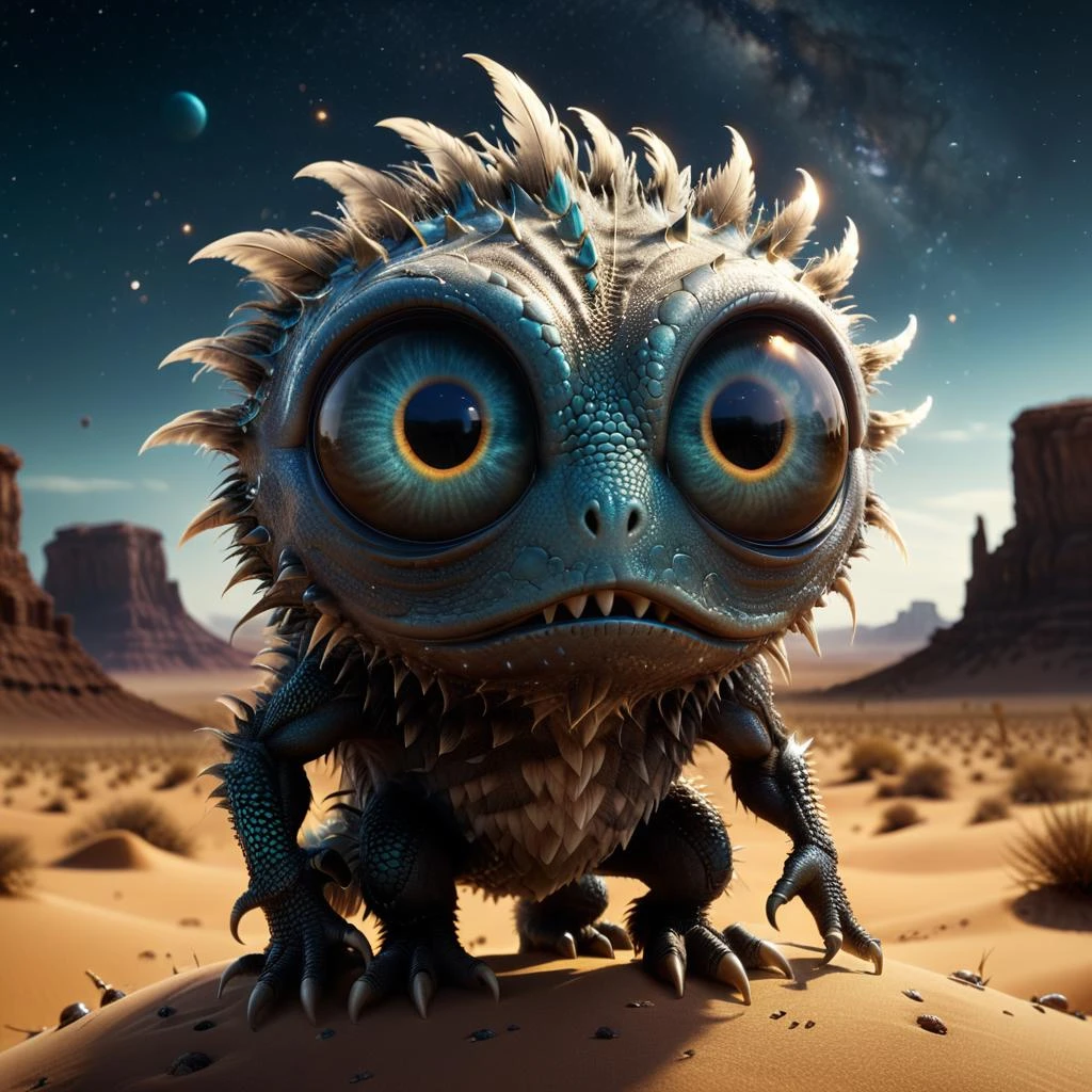 professional 3d model of cinematic film still full body shot of cute monster with eyeball, rule of thirds, tilt-shift, dark sepia colored feathers, lizard scales, chaos, oozing thick multicolored liquid, wet, reflections, splashes, detailed cornea, disintegration, stars, reflection of stars on the surface of the eyeball, bright, high quality, over-detailed, (complex: 1.4), (style by David Chipperfield, Chris Foss, Alebrije)<lora:xl_more_art-full_v1:0.8> <lora:add-detail-xl:2>. Whole outfit, clear, sharp, balanced, on a sandy surface in the desert, in the distance, a strange sci-fi building is visible . shallow depth of field, vignette, highly detailed, high budget Hollywood movie, bokeh, cinemascope, moody, epic, gorgeous, film grain, grainy in futuristic fashion. Metallic, geometric, avant-garde, high-tech, octane render, highly detailed, volumetric, dramatic lighting