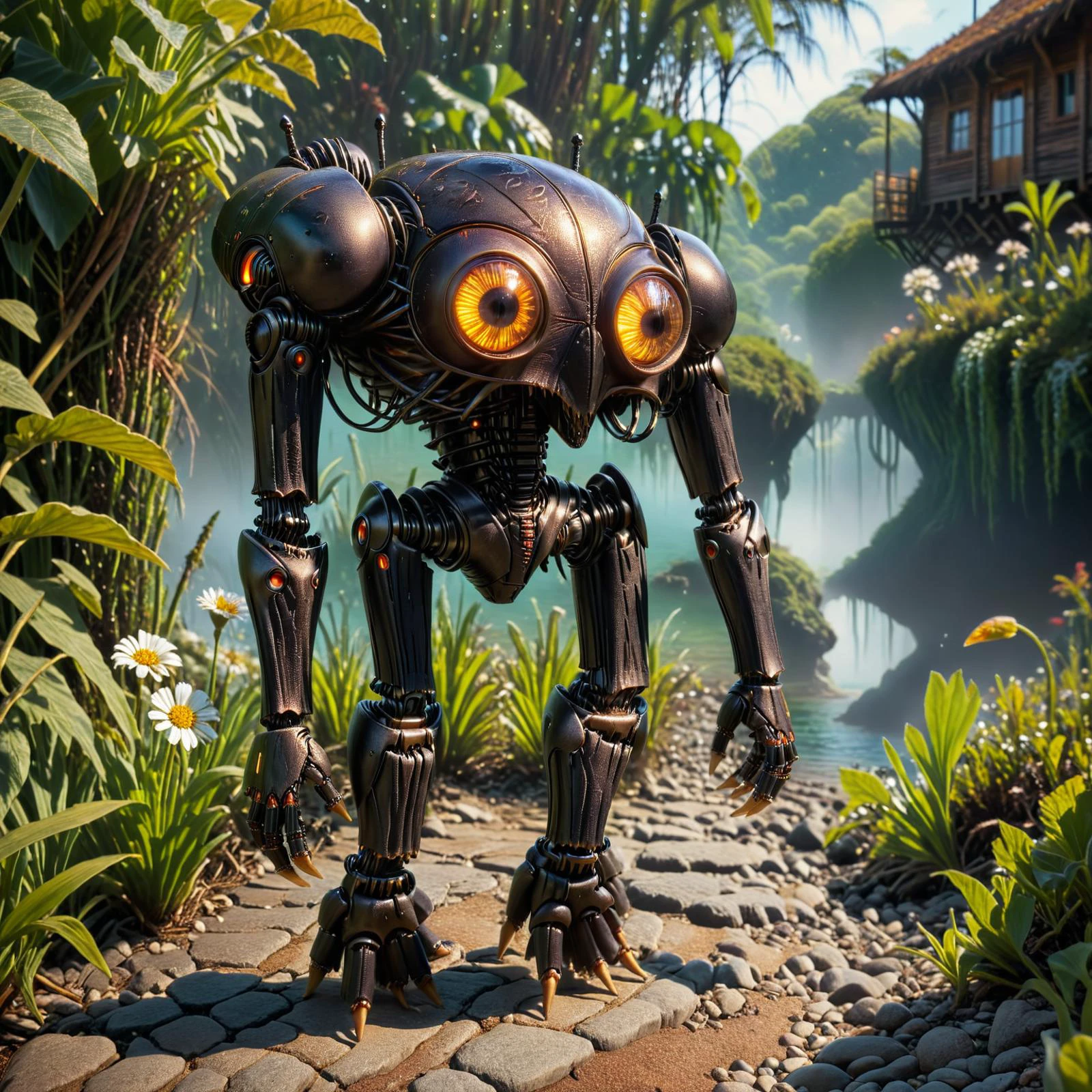 ((award winning cinematography)) , 8k detailed, Neo-Dadaism Art, highly detailed, landscape of a (tiny glowing markings plasmic rustic robotic individual, octopod single-armed, five-fingered hands, prehensile-tailed, slimy skin, bat-like ears, :1.3) in the distance there is a Train station, it is very Wretched and Vintage, dense flowers and water, at Blue hour, (by Chesley Bonestell:0.9) , (John Butler Yeats:1.1) , (William Blake:1.1) , Cel shaded, Disgusting, soft lighting, telephoto lens, Velvia, Gilded, Simplified style, beautiful, highly detailed, <lora:add-detail-xl:2>, <lora:FFai.0065.Zavychromaxl_B2.lora:0.25>, <lora:AdvancedEnhancerXLv2:1.05>,<lora:lowra_v10:0.85>, <lora:Seaty_Art_Style_SDXL:0.5> seaty <lora:SDXL1.0_Essenz-series-by-AI_Characters_Style_DarkestDungeonChrisBourassa-v1.1:1.15> comic book artwork in dgst artstyle <lora:Radiant_Darkness:0.35> Radiant Darkness <lora:polyhedron_photostudio-000005:0.4> studio lighting, key light, fill light, rim light, back light <lora:ObsidianCitrine:01.05> ObsidianCitrine <lora:Movie_aesthetic_XL:0.5> <lora:FF.106.protovisionXLHighFidelity3D_release0630Bakedvae.LyCORIS:0.95> <lora:EnvyBetterHiresFixXL01:0.15> <lora:cine:0.85> cin3