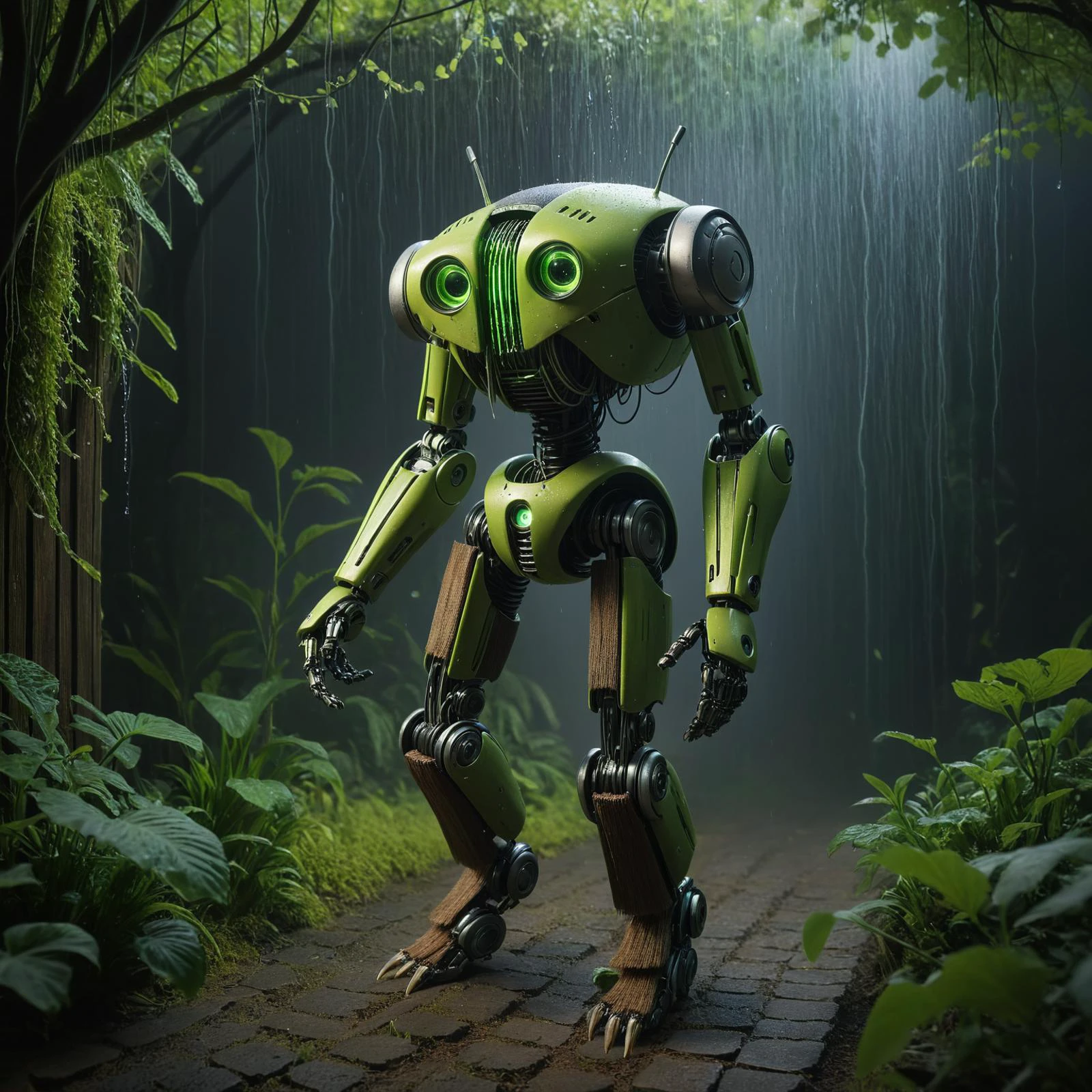 ((award winning cinematography)) , [ (designed by Ludwig Fahrenkrog:1.0) and (Nicoletta Ceccoli:0.7) and (Justin Gaffrey:1.0) ::11], masterwork 8k, fairy tale, landscape of a [Lace|Inspirational] Smart (big stealthy augmented minimalist robotic sentient being, 1 leg decamanual, furry appendages, tailless, curved-tailed, hairy fur,    :1.3) from inside of a Tool shed, lush garden with Ironwood, Raining, detailed, masterpiece, Manic, Modern Art, spotlight, 80mm, CineColor, Space and DayGlo green splash, expressive brush strokes, artstation, lots of details, <lora:add-detail-xl:2>, <lora:FFai.0065.Zavychromaxl_B2.lora:0.1>, <lora:AdvancedEnhancerXLv2:1.1>,<lora:lowra_v10:0.15>, <lora:Seaty_Art_Style_SDXL:0.5> seaty <lora:SDXL1.0_Essenz-series-by-AI_Characters_Style_DarkestDungeonChrisBourassa-v1.1:0.75> comic book artwork in dgst artstyle <lora:Radiant_Darkness:0.25> Radiant Darkness <lora:polyhedron_photostudio-000005:0.1> studio lighting, key light, fill light, rim light, back light <lora:ObsidianCitrine:00.3> ObsidianCitrine <lora:Movie_aesthetic_XL:0.9> <lora:FF.106.protovisionXLHighFidelity3D_release0630Bakedvae.LyCORIS:.55> <lora:EnvyBetterHiresFixXL01:0.1> <lora:cine:0.2> cin3