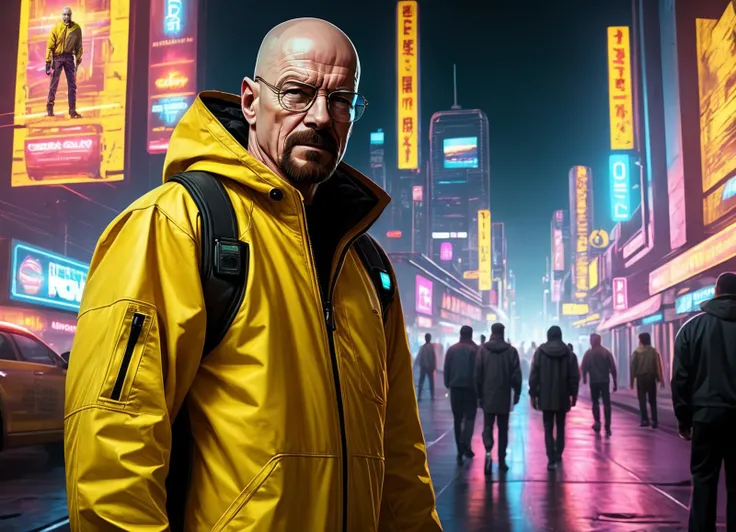 Hyperrealistic art (Walter White:1.2) reimagined as a (cyberpunk antihero:1.2), standing in (Night city:1.2) can be seen off in the distance, wearing an ominous cyberpunk yellow hazmat suit, digital art, intricate cybernetic implants, and cyberpunk art in the style of Dan Mumford and Alex Grey, machines, holographic displays, and blinking servers crammed inside the RV, <lora:sd_xl_offset_example-lora_1.0:1>, 8k, (best quality:1.4), (realistic:1.4), detailed, detailed background, insanely detailed, , (masterpiece:1.4), absurd res, HDR . Extremely high-resolution details, photographic, realism pushed to extreme, fine texture, incredibly lifelike