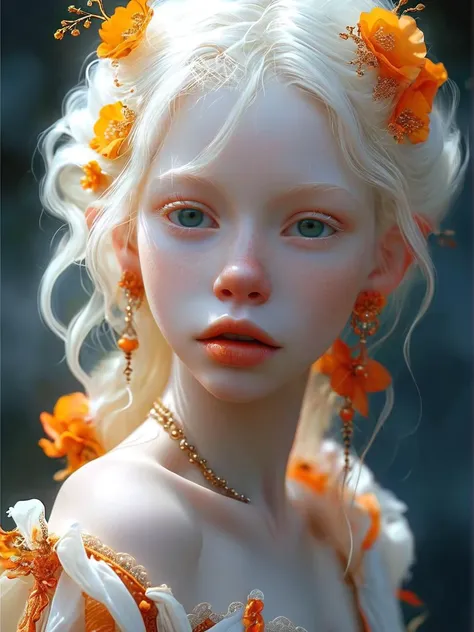 (Sophisticated Drawing:1.3) of (Rough sketch:1.3),(Lonely:1.3) Rust Orange, enigmatic,cool,playful,wispy, Fantasy aesthetics,, (albino:1.3) (nymph:1.3), (albinism:1.4), mischievous quarter-elf woman, full body, wearing an intricately adorned dress, mysterious smile, symmetrical Face, (narrow face:1.5), Noticeable Jaw, high Cheekbones, black Eyebrows, Majestic Aquiline narrow Nose, Full Lips, (long white hair:1.3), (porcelain white skin:1.9), serene, haughty,withdrawn,pale lips, (dynamic composition:1.2), (shallow depth of field:1.2), bright lighting, vibrant,, fantasy, horror, elegant, masterpiece, intricate details, dynamic range, (skin texture style, detailed skin pore, detailed skin, realistic skin),soft-hued colors <lora:skin tone style v4:1> <lora:MJ52:1>,(by Artist Thomas Kinkade:1.3),(Health Goth Art:1.3),(Pastel Colors:1.3)