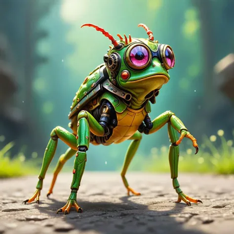tilt-shift photo of . selective focus, close up, miniature effect, blurred background, highly detailed, vibrant, perspective control, natural Tilt Shot (by Gustav Klimt, (masterful and beautiful:1.4), female frog with gas mask riding on a big hornet, hyper detailed, expressive, award winning, (intricate details, masterpiece, best quality:1.4)