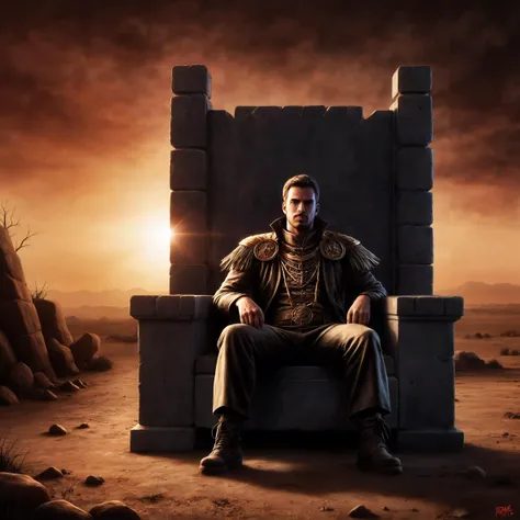 Depict the Goddess of the Rust, a powerful ruler of a post-apocalyptic, desolated desert world, sitting on a throne made of old petrol barrels. Emphasize the elements of dirt, rust, and decay, along with intricate
adornments. Let the scene exude a sense of desolation and the remnants of a once-thriving civilization. Use HDR and raytracing to capture the essence of this hauntingly beautiful world