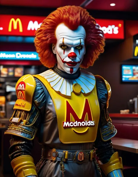 (cyberpunk:1.1) Ronald McDonald wearing cyberpunk clothes,, dark background, in a McDonalds restaurant, golden arches logo, detailed face, perfect eyes