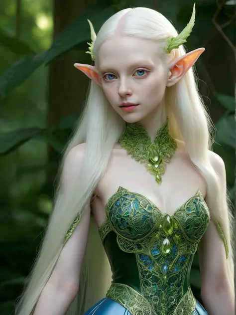 (Hated Photo:1.3) of (Cel shaded:1.3),(Romantic:1.3) Chartreuse, tiny,enchanted,eclectic,blue,cloudy, Fantasy aesthetics,, (albino:1.3) (nymph:1.3), (albinism:1.4), mischievous quarter-elf woman, full body, wearing an intricately adorned dress, mysterious smile, symmetrical Face, (narrow face:1.5), Noticeable Jaw, high Cheekbones, Straight black Eyebrows, Majestic Aquiline narrow Nose, Full Lips, (long white hair:1.3), (porcelain white skin:1.9), serene, haughty,withdrawn,pale lips, (dynamic composition:1.2), (shallow depth of field:1.2), bright lighting, vibrant,, fantasy, horror, elegant, masterpiece, intricate details, dynamic range, (skin texture style, detailed skin pore, detailed skin, realistic skin),soft-hued colors <lora:skin tone style v4:1>,(by Artist Phil Noto:1.3),Highly Detailed,(Psychedelic Art:1.3),(One Color:1.3)