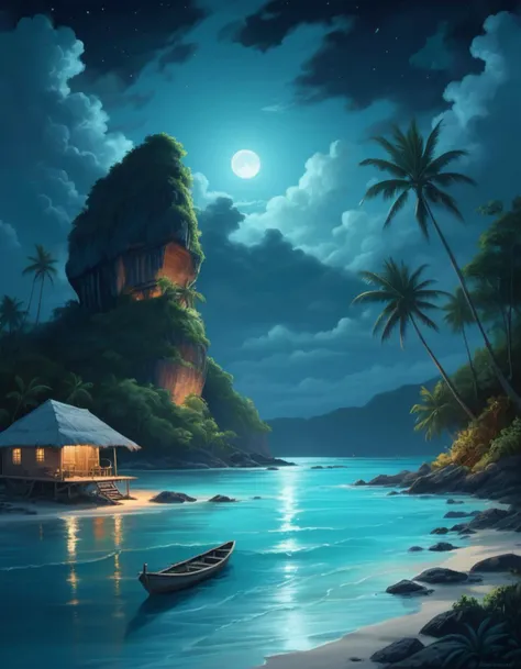 Painting, behance, landscape of a Cyan Tonga, at Nighttime