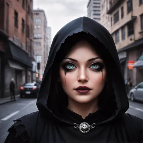 high resolution, 8k, ultrarealistic portrait of An young female seer, shaman, wearing large deep hood, thick torn old black robes with animal bones entwined in threads. eye focus, strong ritualistic makeup, dilated pupils, in trance, (((old city street in the background)))