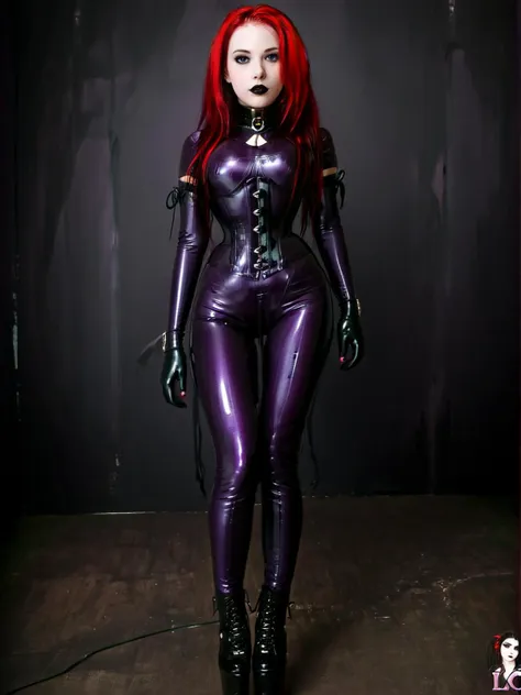 full body, 1girl, young, 18 years, pale skin, beautiful face, gorgeous girl, looking at camera, perfect beauty, (black lipstick), gothic, emo, long hair, red hair, black hair, smooth hair, multi colored hair, detailed eyes, purple latex catsuit, black latex corset, neckcorset, thin waist, latex gloves, (head looking down, submissive), balletboots, arms behind back, (back view, view from behind, ass out:2.0), looking at viewer, back lighting, darkness, detailed background, neon lighting, sexy pose, <lora:Microwaist_XL_v01:1.5> <lora:d\EnvyZoomSliderXL01:-3> <lora:KSB1_text_v4:1>, <lora:add-detail-xl:2>