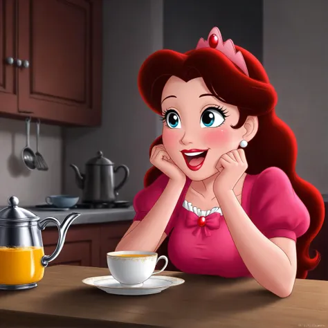 Winnie the Pooh and princess ariel are sitting at the table in the kitchen early in the morning, there are two cups of tea and a saucer of honey on the table, joyful, talking, beautiful environment, cartoon, 2d animation, cartoon style