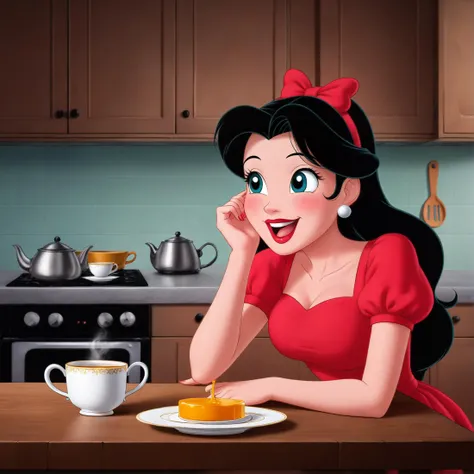 Winnie the Pooh and princess ariel are sitting at the table in the kitchen early in the morning, there are two cups of tea and a saucer of honey on the table, joyful, talking, beautiful environment, cartoon, 2d animation, cartoon style