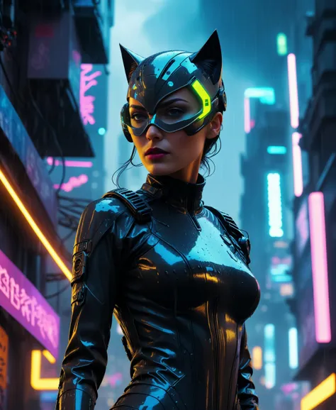 8k, best quality, masterpiece, (realistic), ultra-detailed, cyberpunk, highly detailed digital art masterpiece, low angle, hd 8k, sharp focus,catwoman in a dystopian city, cybernetic implants, neon, glowing, rain,