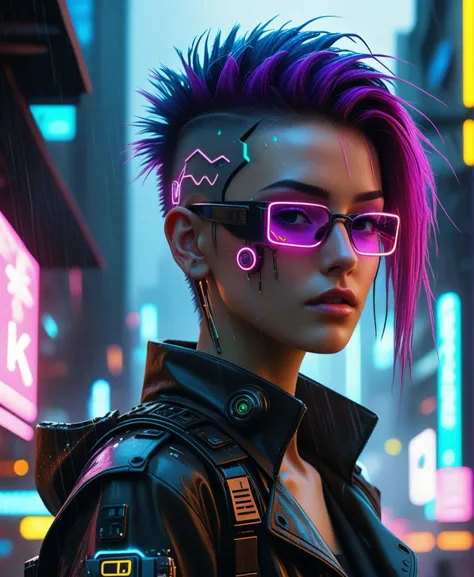 8k, best quality, masterpiece, (realistic), ultra-detailed, cyberpunk, highly detailed digital art masterpiece, low angle, hd 8k, sharp focus,a punk in a dystopian city, cybernetic implants, neon, glowing, mechanical eye, rain,