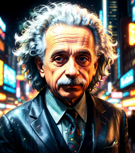 Hyperrealistic art (Albert Einstein:1.2) reimagined as living in (Night city:1.2), wearing his iconic suit turned hi-tech, digital art, intricate cybernetic implants, machines, holographic displays, and cyberpunk art in the style of Dan Mumford and Alex Grey, 8k, (best quality:1.4), (realistic:1.4), detailed, detailed background, insanely detailed, (masterpiece:1.4), absurd res, HDR, Extremely high-resolution details, photographic, realism pushed to extreme, fine texture, incredibly lifelike, <lora:sd_xl_offset_example-lora_1.0:1> <lora:xl_more_art-full_v1:1>, 8k, (best quality:1.4), (realistic:1.4), detailed, detailed background, insanely detailed, , (masterpiece:1.4), absurd res, HDR