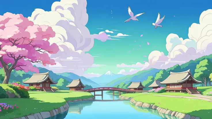 (masterpiece, anime style, Suzume inspired:1.3), vast rolling hills, lush green meadows, (small village huts), towering trees, colorful flowers dotting the landscape, a gentle river flowing through, crystal clear water, (fluffy white clouds), clear blue sky, soft sunlight filtering through the leaves, a small wooden bridge crossing the river, distant mountains silhouetted against the horizon, peaceful and serene atmosphere, warm and inviting colors, magical essence, birds flying high, dynamic angle, side view, tranquil and harmonious setting. <lora:add_sharpness:1>