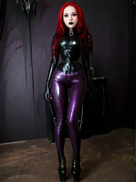 full body, 1girl, young, 18 years, pale skin, beautiful face, gorgeous girl, looking at camera, perfect beauty, (black lipstick), gothic, emo, long hair, red hair, black hair, smooth hair, multi colored hair, detailed eyes, purple latex catsuit, black latex corset, neckcorset, thin waist, latex gloves, (head looking down, submissive), balletboots, arms behind back, (back view, view from behind, ass out:2.0), looking at viewer, back lighting, darkness, detailed background, neon lighting, sexy pose, <lora:Microwaist_XL_v01:1.5> <lora:d\EnvyZoomSliderXL01:-3> <lora:KSB1_text_v4:1>, <lora:add-detail-xl:2>