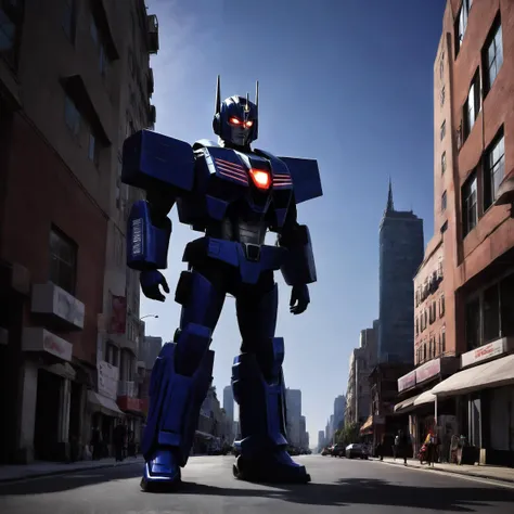 Optimus Prime, Transformers, city street, dynamic shot, wide angle