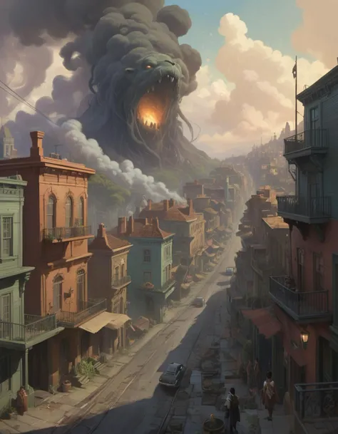 concept art, landscape of a Mythical Valparaiso, Smoky Conditions, [by Peter Mohrbacher, Classic Disney:17], Wonder, Harlem Renaissance, ultra detailed