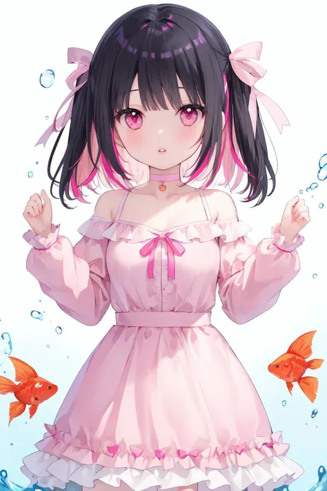 1girl,solo,fish,black hair,dress,multicolored hair,bangs,long sleeves,looking at viewer,ribbon,white background,pink dress,hair ribbon,parted lips,choker,pink eyes,bare shoulders,collarbone,two-tone hair,water,frills,own hands together,pink ribbon,blush,puffy long sleeves,puffy sleeves,pink hair,colored inner hair,long hair,simple background,off shoulder,hands up,goldfish,standing,frilled dress,bright eyes,clear eyes,mi-style,