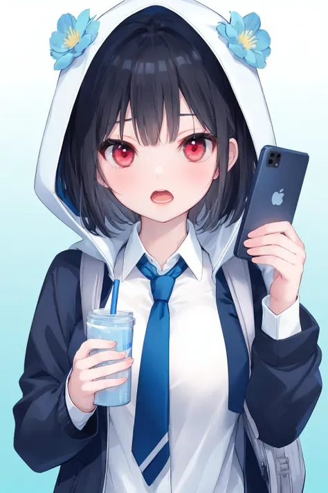 1girl,black hair,solo,hood,necktie,flower,phone,looking at viewer,holding,blue flower,bangs,shirt,red eyes,drinking straw,upper body,cellphone,white shirt,short hair,jacket,hood up,smartphone,bag,breasts,gradient,blue necktie,gradient background,holding phone,collared shirt,long sleeves,blue background,drinking,open jacket,blush,hooded jacket,open clothes,backpack,bright eyes,clear eyes,mi-style,Open mouth