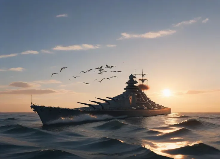 <lora:Bismarck_Battleship_SDXL:1> bsmrck battleship floating in the ocean at sunset with seagulls flying around, warm light with long shadows, high seas,