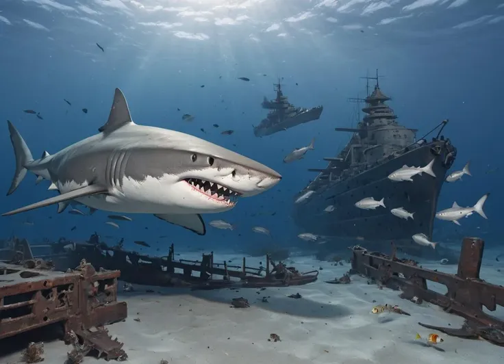 <lora:Bismarck_Battleship_SDXL:0.8> a hungry shark is swimming in the ocean accompanied by many other fish. A sunken shipwreck of the bsmrck battleship laying on the ground of the ocean in the background.