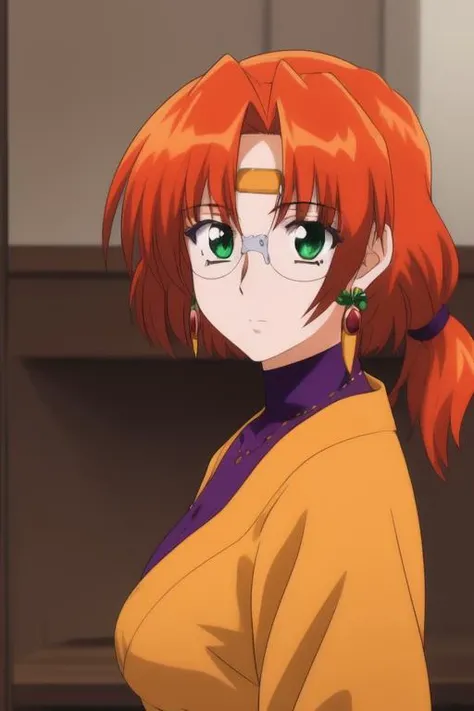 <lora:Aila:1>,  Aila, 1girl, soro, glasses, jewelry, earrings, short hair, red hair, green eyes, orange hair, ponytail, breasts, circlet
masterpiece, high quality, very_high_resolution, large_filesize, full color,