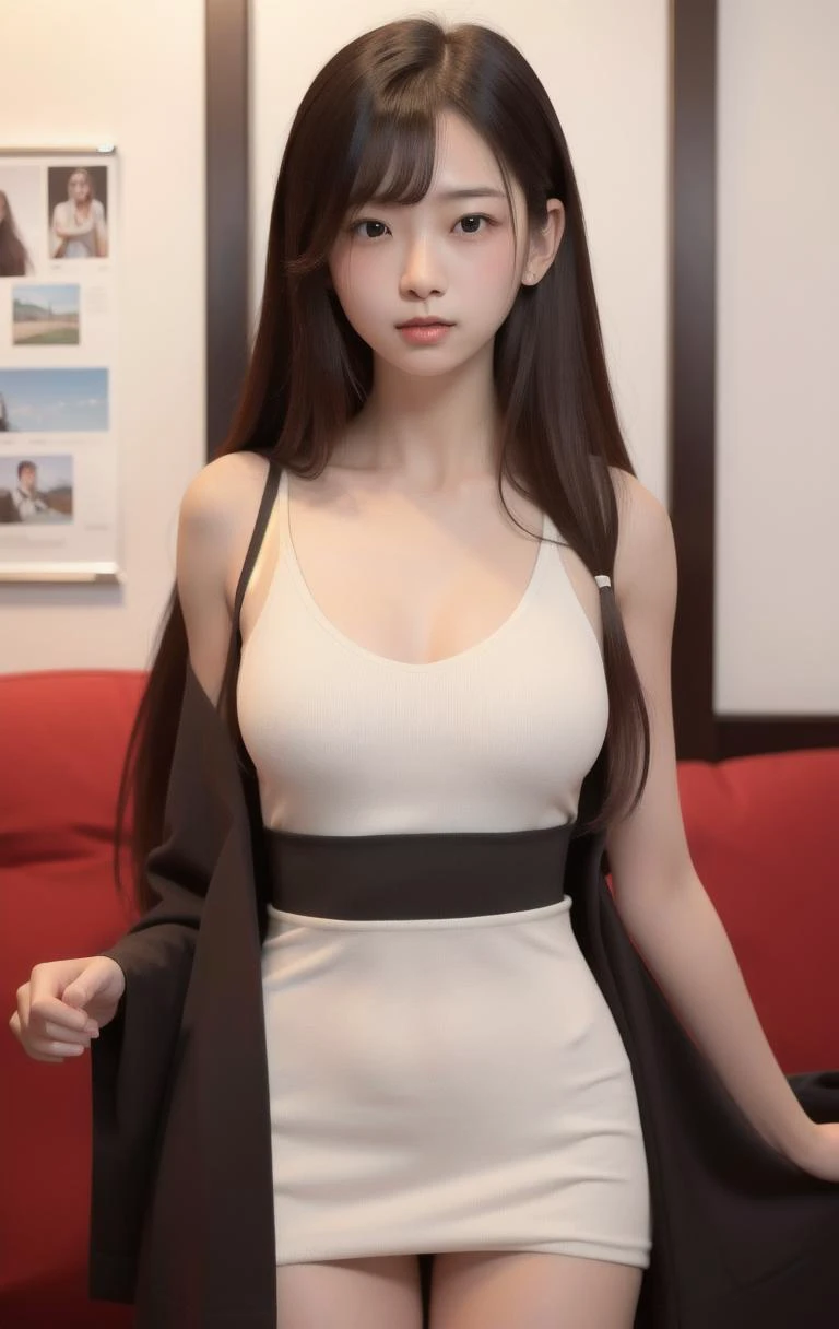 (8k, best quality, masterpiece, ultra highres:1.2),Photo of Pretty Japanese girl,(detailed_face),(long hair:1.6),standing,solo,poster,naughty face,upper body,