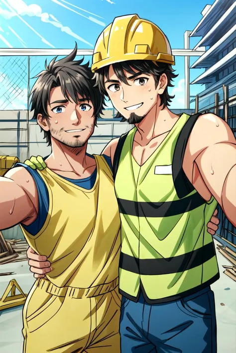 (Clothed), 2 scruffy men, 34 year old, adult, eye bags, chubby, slim, safety helmet, construction worker clothes, (arm around shoulder, safety gloves, selfie, construction site, sunny, sweaty, sweat, confident smile, stubble, messy hair, scruffy