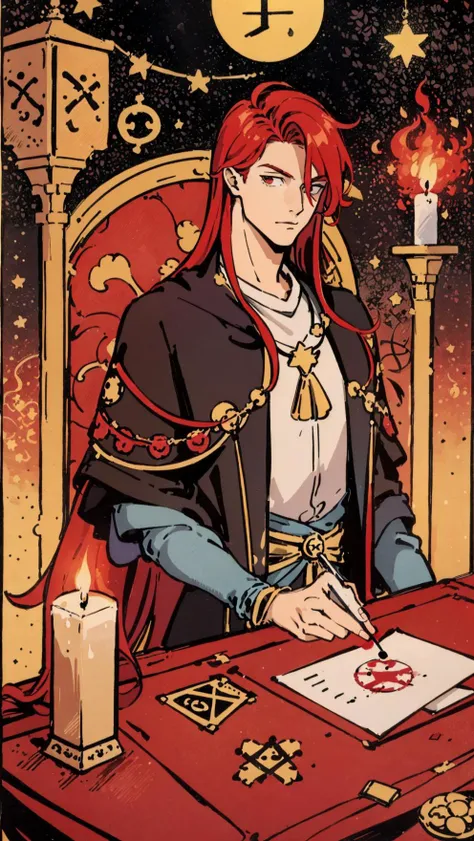 (masterpiece, best quality;1.3),(tarot card:1.2), 1guy, male focused,long red hair, young, mature and tall, the magician, holding candle,male_focus, table with items, star,wand, <lora:Tarotv0.2:0.9>,looking at viewer, calligraphy characters, symmetrical composition, long shadow, cloody moon,blood splash, ultra detailed