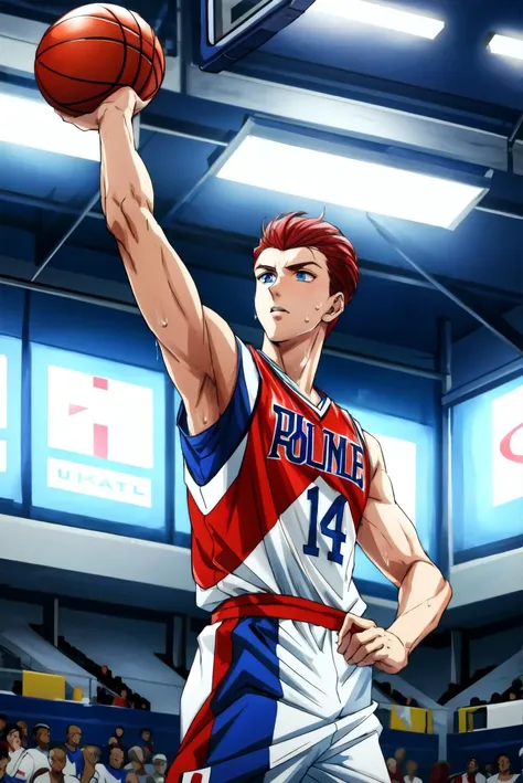 1 young man, focused, tall, slim, sweat, red pompadour, blue eyes, basketball uniform, playing basketball, movement, basketball court, teammates, crowd cheering, indoors, volumetric lighting