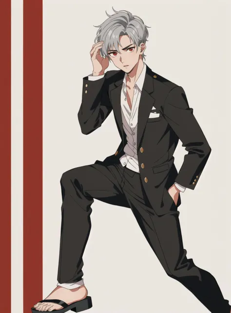 1boy, (1man), (male:1.2), masked face, (young man:1.2), child-like face, finely detailed eyes and face, lanky body, curious and inquisitive appearance, eyes that convey innocence and curiosity, light skin__, BuildAMan/1man-poses__, slim-fit suit, red eyes, gray hair, crew cut, dazzling, sandals,