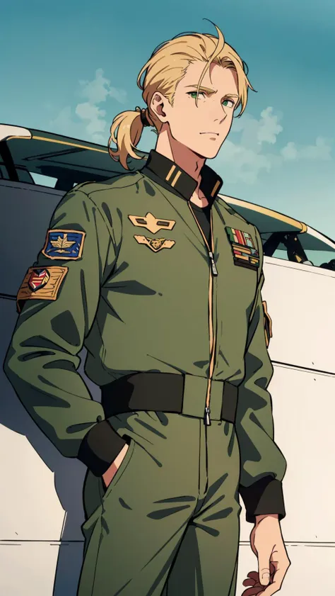 masterpiece, best quality, 1male, handsome, young, tall mature guy, US Air Force pilot, blond hair gathered into a low ponytail, symmetrical eyes, best ratio of four fingers to one thumb, best light and shadow, (dressed in green US Air Force pilot jumpsuit, brown Aviator Bomber Top Gun AIR FORCE jacket:1.3), background, muted sunlight, high detail, real world, city, standing by the plane, dark lighting, heavy shadow, detailed, detailed face