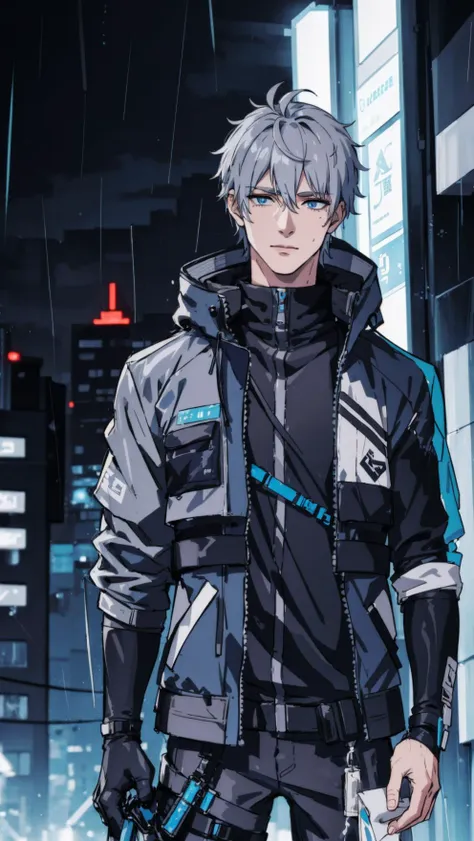 (masterpiece, best quality;1.3),1guy, male focus,half body,grey wavy hair, blue detailed eyes, detailed face, young, mature and tall, wearing a techwear jacket, ruined cyberpunk neon city, rainy night, detailed, <lora:urbansamurai_v0.3:0.7>,