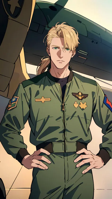 masterpiece, best quality, 1male, handsome, young, tall mature guy, US Air Force pilot, blond hair gathered into a low ponytail, symmetrical eyes, best ratio of four fingers to one thumb, best light and shadow, (dressed in green US Air Force pilot jumpsuit, brown Aviator Bomber Top Gun AIR FORCE jacket:1.3), background, muted sunlight, high detail, real world, city, standing by the plane, dark lighting, heavy shadow, detailed, detailed face