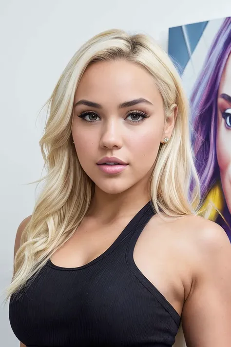 closeup headshot of S230_KyliePage,an attractive woman,in front of a (gallery-wall),wearing a (crewneck:1.1),(8k, RAW photo, best quality, depth of field, ultra high res:1.1),(absurdres, intricate, photorealistic, masterpiece, ultra-detailed:1.2),