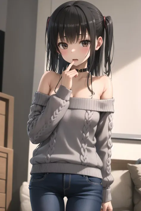 <lora:egami_v0.1:1.0>
1girl, solo, long hair, looking at viewer, blush, open mouth, bangs, black hair, long sleeves, bare shoulders, brown eyes, collarbone, choker, pants, indoors, off shoulder, sweater, one side up, black choker, denim, jeans, covering mouth, off-shoulder sweater, grey sweater, masterpiece, best quality, highly detailed