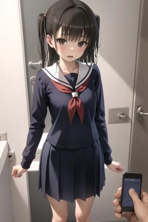 <lora:egami_v0.1:1>
1girl, long hair, looking at viewer, blush, open mouth, bangs, skirt, brown hair, shirt, long sleeves, 1boy, holding, brown eyes, school uniform, pleated skirt, serafuku, indoors, sailor collar, hand on hip, black shirt, pov, one side up, holding phone, door,, masterpiece, best quality, highly detailed