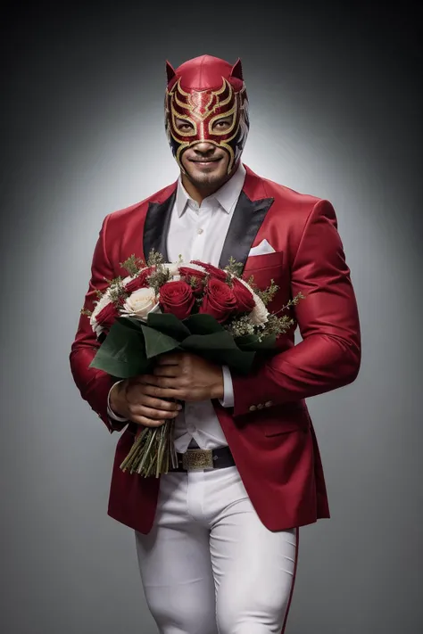 <lora:luchador_mask:0.8> luchador_mask, smiling man wearing a mask presenting a bouquet of red flowers, dark suit, white shirt, black pants,
highly detailed, 8k