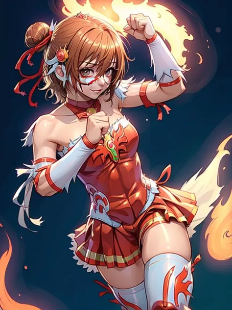 (wearing a luchador_mask:1.6), (cure sunny:1.3) <lyco:locon_cure_sunny_1:0.8> holding fireball between her hands, <lora:luchador_mask:1.1> BREAK (masterpiece, best quality, detailed:1.5), , feather hair ornament, single hair bun, ahoge, tiara, white thigh boots, bare arms, ribbon, bowtie, orange short shorts, shorts under skirt, (orange flames in background:1.1)