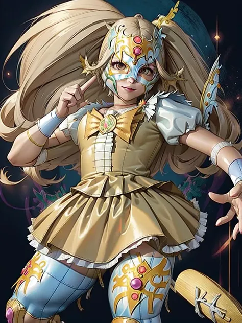 (luchador_mask:1.6), (cure peace:1.3) hands raised with double v <lyco:locon_cure_peace_01:0.8>, <lora:luchador_mask:1.1> BREAK (masterpiece, best quality, detailed:1.5), wing hair ornament, wrist cuffs, yellow bike shorts, shorts under skirt, white boots, (yellow lightning in background:1.1)