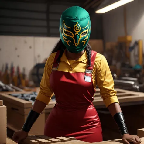 full shot, dynamic perspective, a black african woman wearing a red dress, working at a tool bench, wearing a green and black luchador_mask, <lora:luchador_mask:1>
