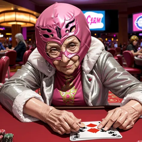 full shot, dynamic perspective, a frail (old woman:1.2) wearing a fur coat, playing a game of cards in a casino, wearing a silver and pink luchador_mask, <lora:luchador_mask:1>