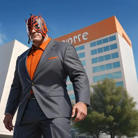 full shot, dynamic perspective, an old man wearing a business suit, standing in front of a large office building, wearing a grey and orange luchador_mask,  <lora:luchador_mask:1>