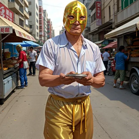 full shot, dynamic perspective, a (thin:1.2) and frail (old man:1.2) wearing battered dress shirt and pants, standing in front of a street food vendor on an asian street, wearing a gold and silver luchador_mask, <lora:luchador_mask:1>