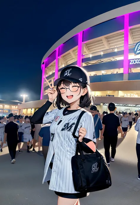 masterpiece, best quality, very aesthetic, absurdres,
1girl, glasses, black hair, medium hair, chibalotteU, baseball uniform, baseball cap, skirt, bag, happy, smile, closed eyes, open mouth, v, looking at viewer, 
marine_stadium, storefront, night, real world location, crowd, people, 6+boys, walking, scenery, outdoors, building, neon lights, night sky, sign
 <lora:marine_stadium_SDXL_V1:1> <lora:ChibaLotteMarinesUniformH_SDXL_V1:1>