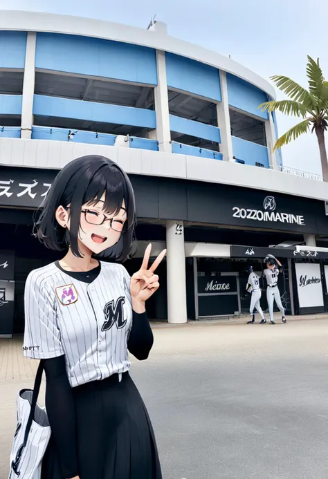 masterpiece, best quality, very aesthetic, absurdres,
marine_stadium, storefront, tree, scenery, outdoors, building, sky, palm tree, english text, day, real world location,
1girl, glasses, black hair, medium hair, chibalotteU, baseball uniform, skirt, bag, happy, smile, closed eyes, open mouth, v, looking at viewer, 
 <lora:marine_stadium_SDXL_V1:1> <lora:ChibaLotteMarinesUniformH_SDXL_V1:1>