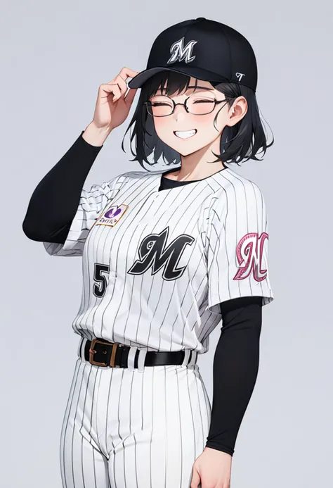 masterpiece, best quality, very aesthetic, absurdres,
1girl, solo,  glasses, black hair, medium hair, 
chibalotteU, baseball uniform, smile, baseball cap, belt, facial hair, shirt, pants, short hair, white pants, closed eyes, cowboy shot, striped pants, simple background, grey background, striped, standing, grin
 <lora:ChibaLotteMarinesUniformH_SDXL_V1:1>